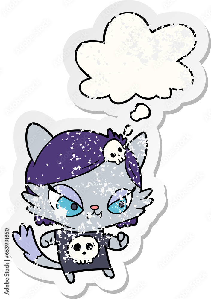 Fototapeta premium cartoon tough cat girl with thought bubble as a distressed worn sticker