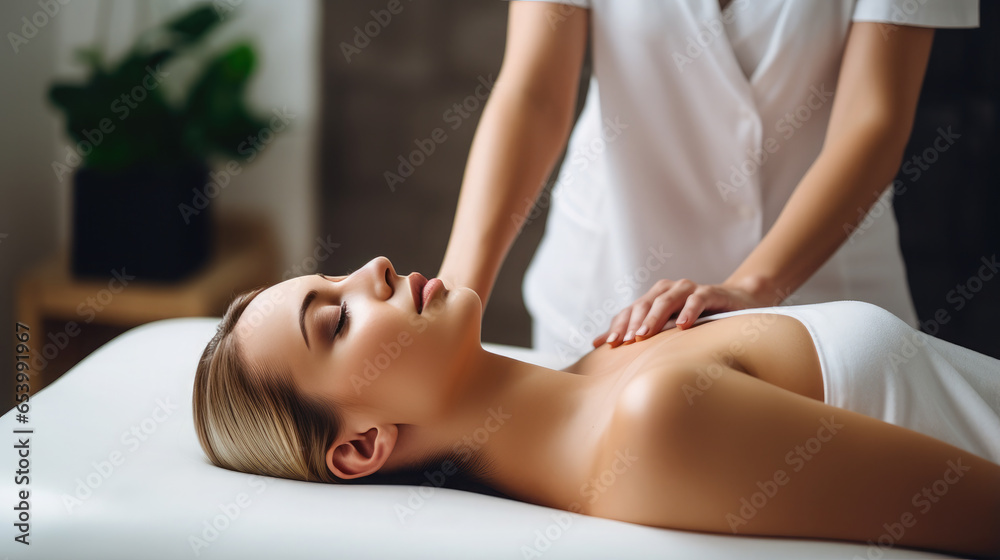 Obraz premium Generative AI, young woman lies on a massage table for a spa procedure in a beauty salon, rejuvenation, massage therapist, skin care, hands, harmony, face, hydration, oils, women's health, female
