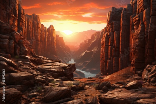 sunset in a rugged canyon with the sun shining over the rocky landscape. Generative AI