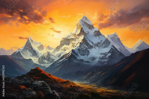 Sunset painting of Himalayan mountain range glowing in warm light. Generative AI