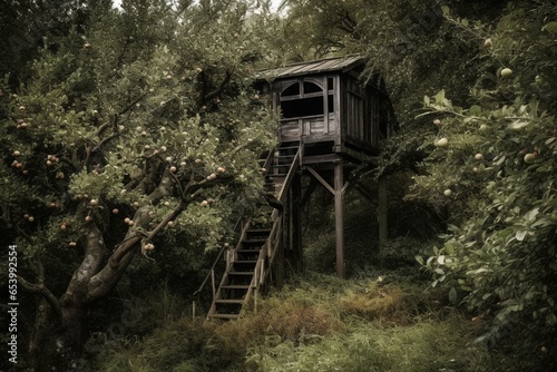 A sorrowful structure alongside a covert apple tree symbolizing isolation and precaution. Generative AI © David