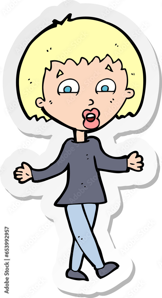 sticker of a cartoon woman shrugging shoulders sticker of a cartoon woman shrugging shoulders