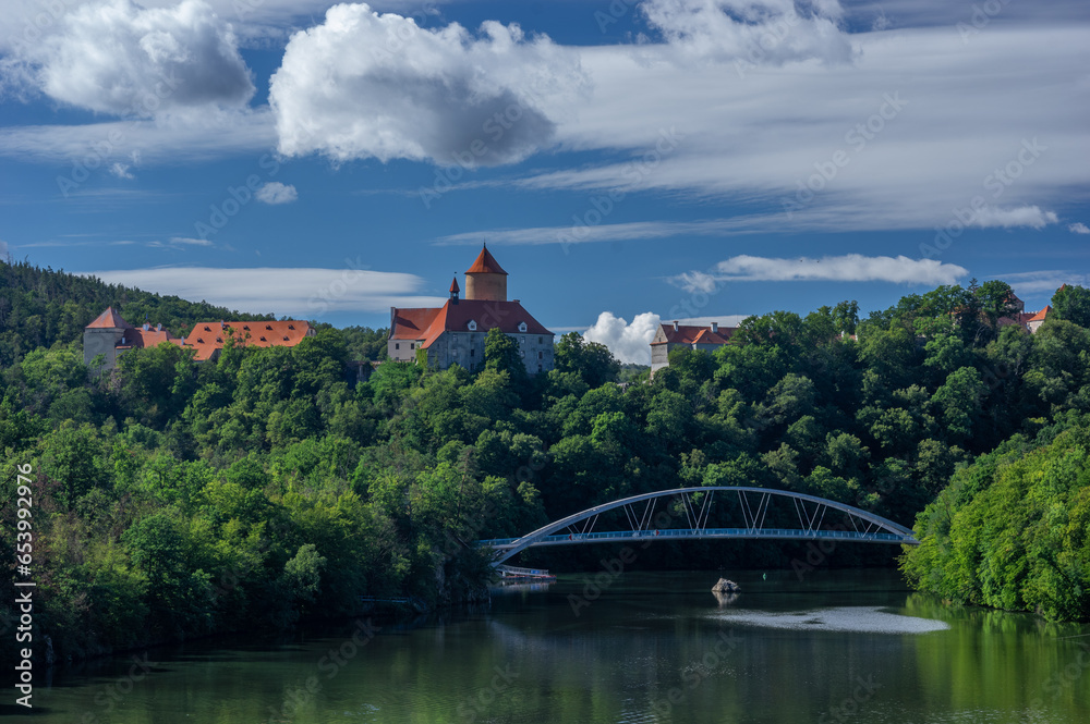Landscape view with Castle Veveri along Brno water reservoir, Czech Republic
