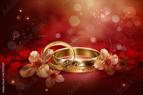 Floral red background with golden wedding rings for romantic invitation design. Symbolizes beautiful marriage ceremony with florals. Generative AI