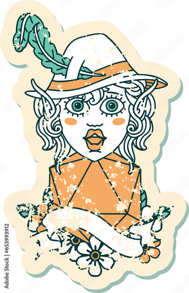 Retro Tattoo Style elf bard character with natural twenty Retro Tattoo Style elf bard character with natural twenty