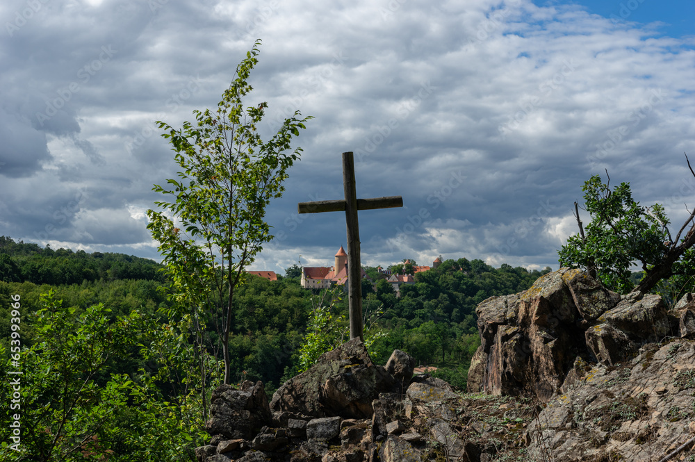 Landscape view from hilltop with cross and Castle Veveri in the background, Czech Republic Landscape view from hilltop with cross and Castle Veveri in the background, Czech Republic