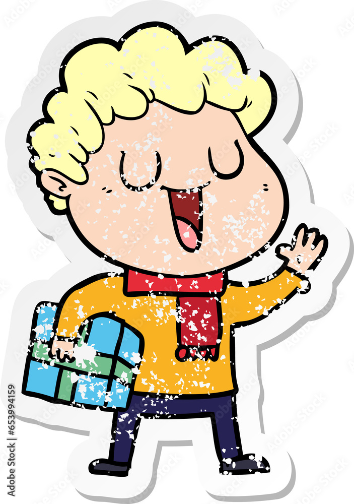 distressed sticker of a laughing cartoon man with present distressed sticker of a laughing cartoon man with present