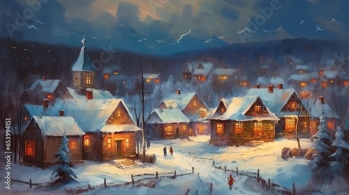 Christmas Night in the village with snow oil painted. Winter Village Landscape. Christmas Card. Post Card. Christmas with snow.