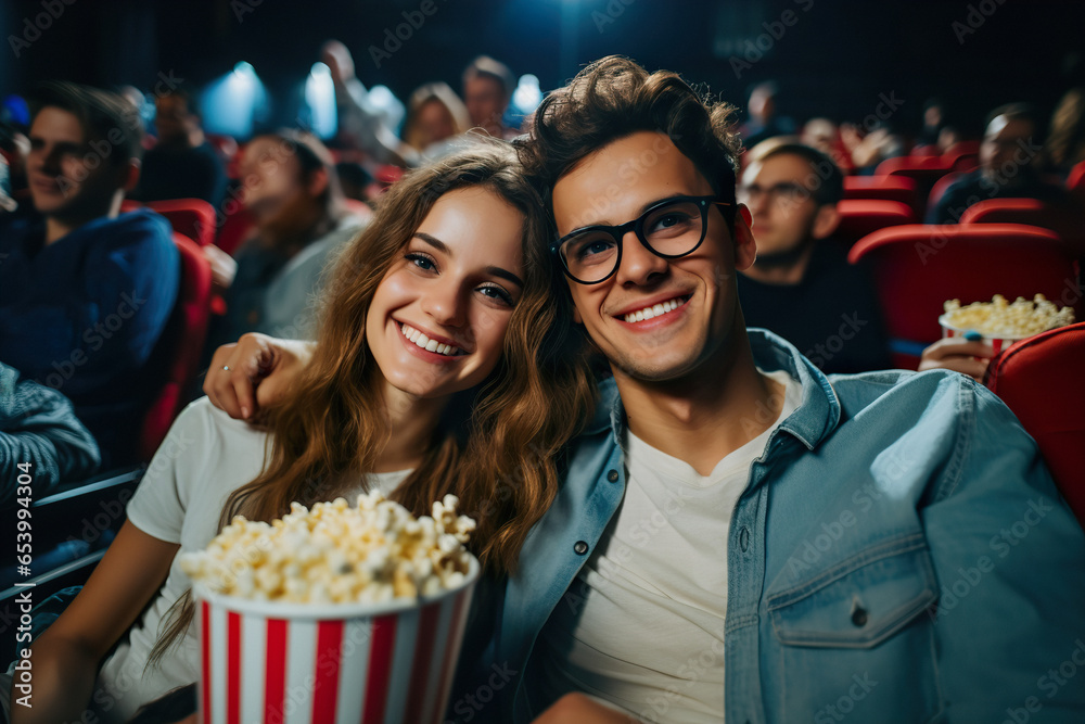 A young and cheerful couple are watching a movie in the cinema theatre A young and cheerful couple are watching a movie in the cinema theatre