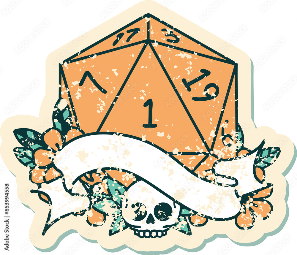 Retro Tattoo Style natural one d20 dice roll