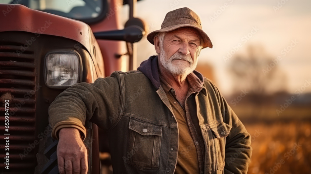 Portrait of farmer in front of combine harvester