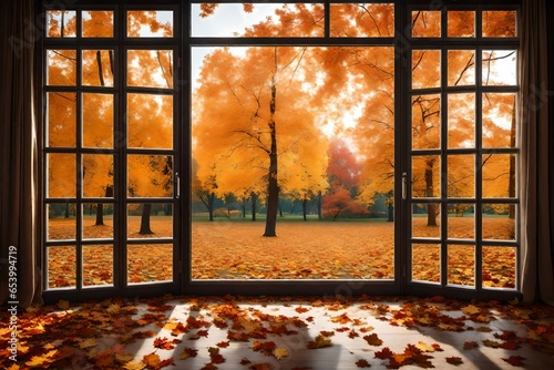 view of autumn trees from the window of a luxury house