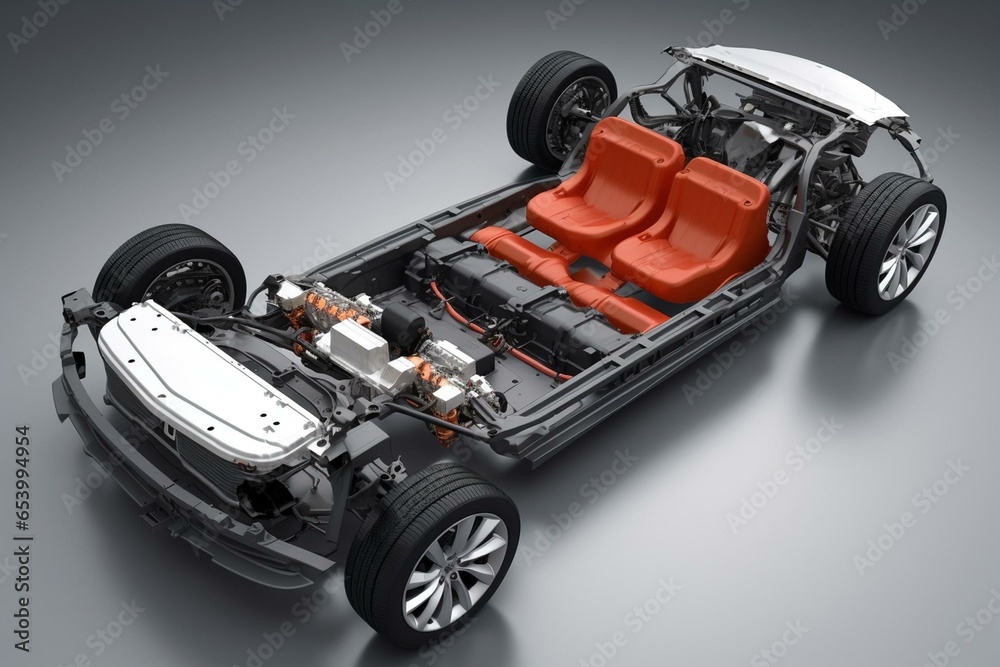 Exploded view of electric vehicle chassis with battery pack on gray