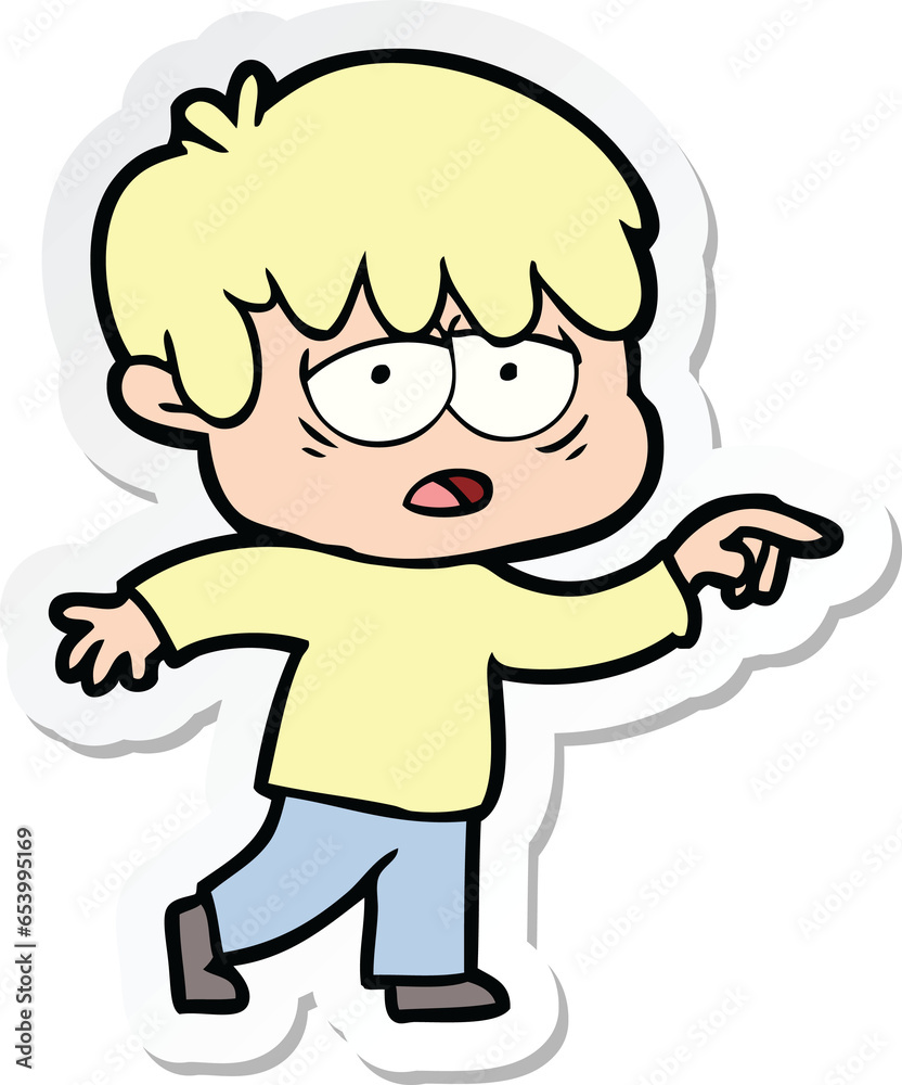 sticker of a cartoon exhausted boy