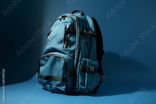 Backpack on blue background. Generative AI