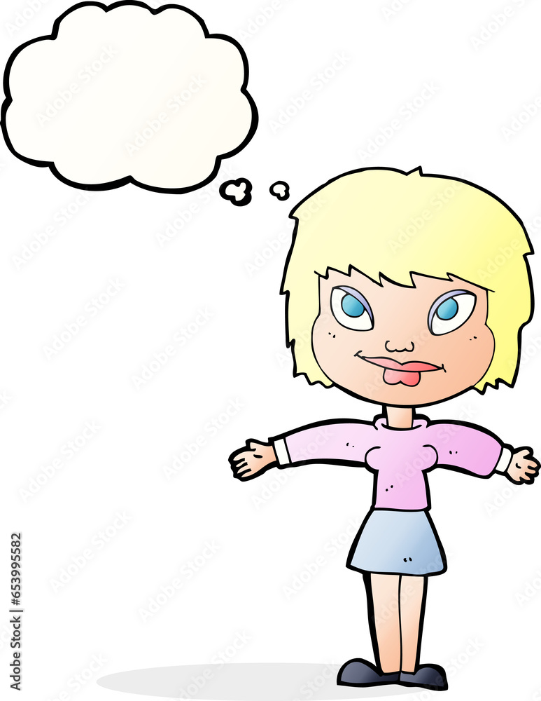 cartoon woman with open amrs with thought bubble cartoon woman with open amrs with thought bubble