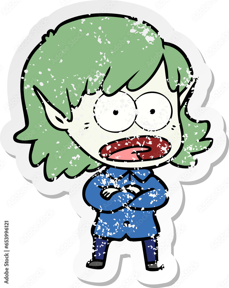 distressed sticker of a cartoon shocked elf girl distressed sticker of a cartoon shocked elf girl