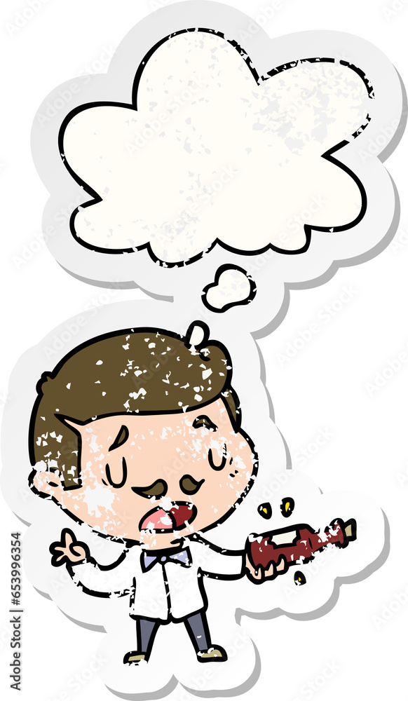 cartoon wine expert with thought bubble as a distressed worn sticker cartoon wine expert with thought bubble as a distressed worn sticker