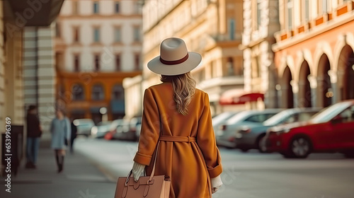 Fashion. Young stylish woman walking on the city street back view windy weather