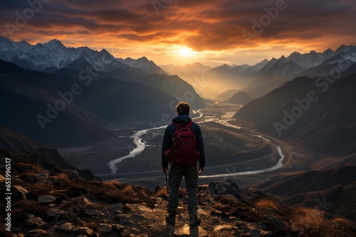 A dramatic silhouette of a lone hiker standing on a mountaintop, gazing at the expansive landscape below