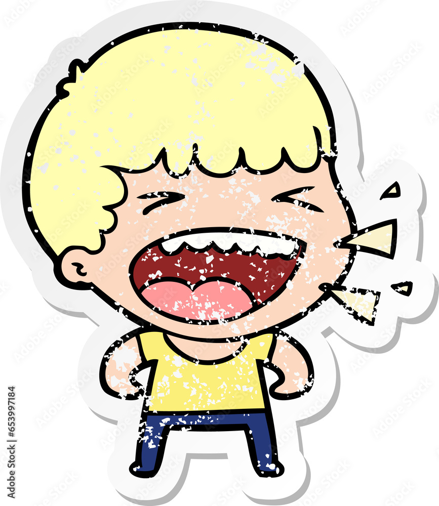 distressed sticker of a cartoon laughing man distressed sticker of a cartoon laughing man