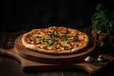 Delicious pizza served on a wooden board. Generative AI
