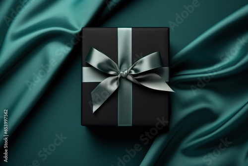 Top view of Present box with ribbon and bow. Minimalistic gift wrapping for husband. Design for banner or card. For Handsome Man. Teal and black giftbox. Silk background with copy space. Anniversary. photo
