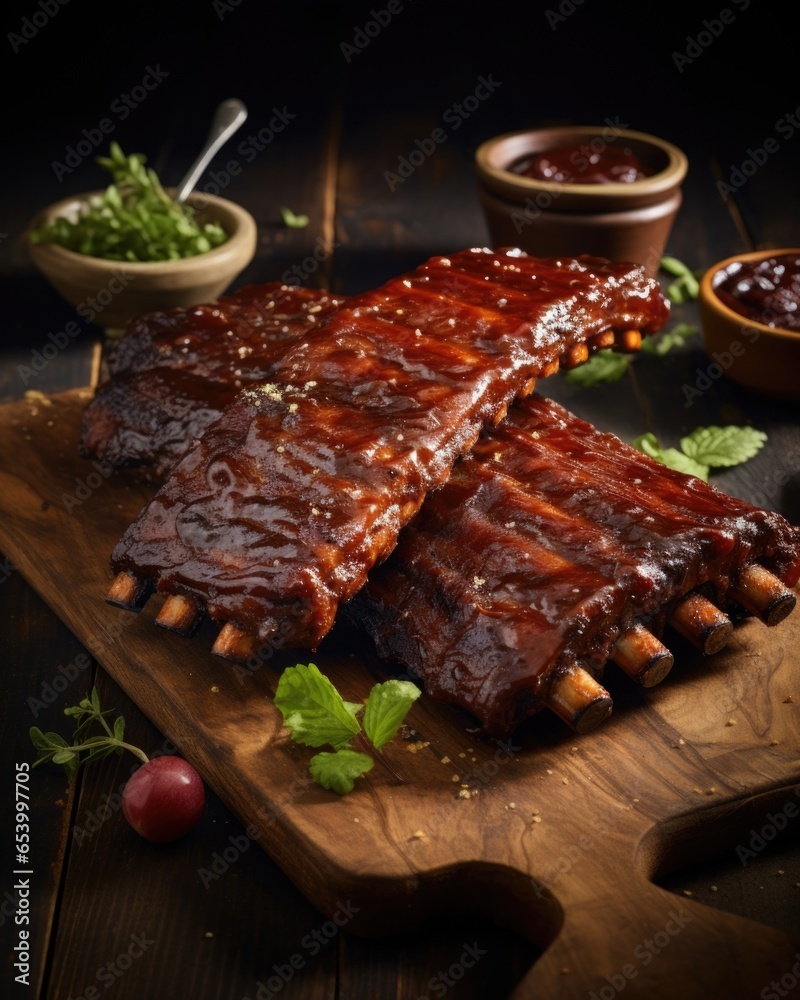 The frame is filled with a closeup shot of BBQ ribs, glistening with a rich and sticky glaze made from a combination of tangy and sweet flavors, promising an explosion of taste with every The frame is filled with a closeup shot of BBQ ribs, glistening with a rich and sticky glaze made from a combination of tangy and sweet flavors, promising an explosion of taste with every