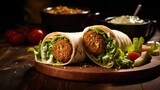 A creative composition featuring a falafel wrap artistically garnished with a sprinkle of tangy pickled tur, offering a hint of refreshing sourness amidst the savory goodness of the falafel.