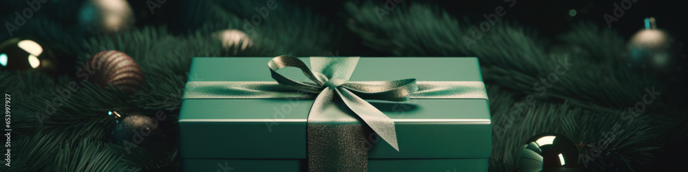 Christmas gift banner, emerald and green present box, golden ribbon, spruce branches and pinecone. Merry Christmas! Christmas tree with ornaments. Happy New Year 2024! Xmas. - obrazy, fototapety, plakaty 