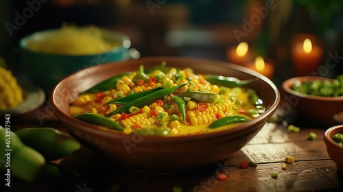 A wholesome bowl of vegetable curry features a hearty mix of robust flavors from an array of gardenfresh goodness, including sweet corn, okra, and green bell peppers, bathed in an earthy