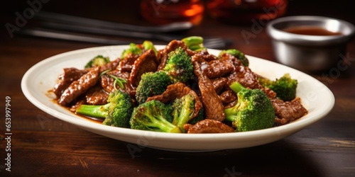 A luscious bowl filled with generous portions of thinly sliced beef and vibrant broccoli florets in a wellbalanced, glossy sauce. The beef, carefully stirfried, acquires a tender texture photo