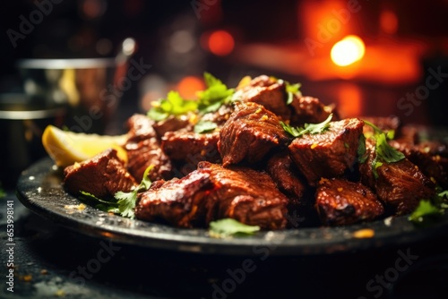 frames a plate of beef tandoori, displaying a mesmerizing blend of es that envelop the meat, infusing it with an aromatic and tangy zest.