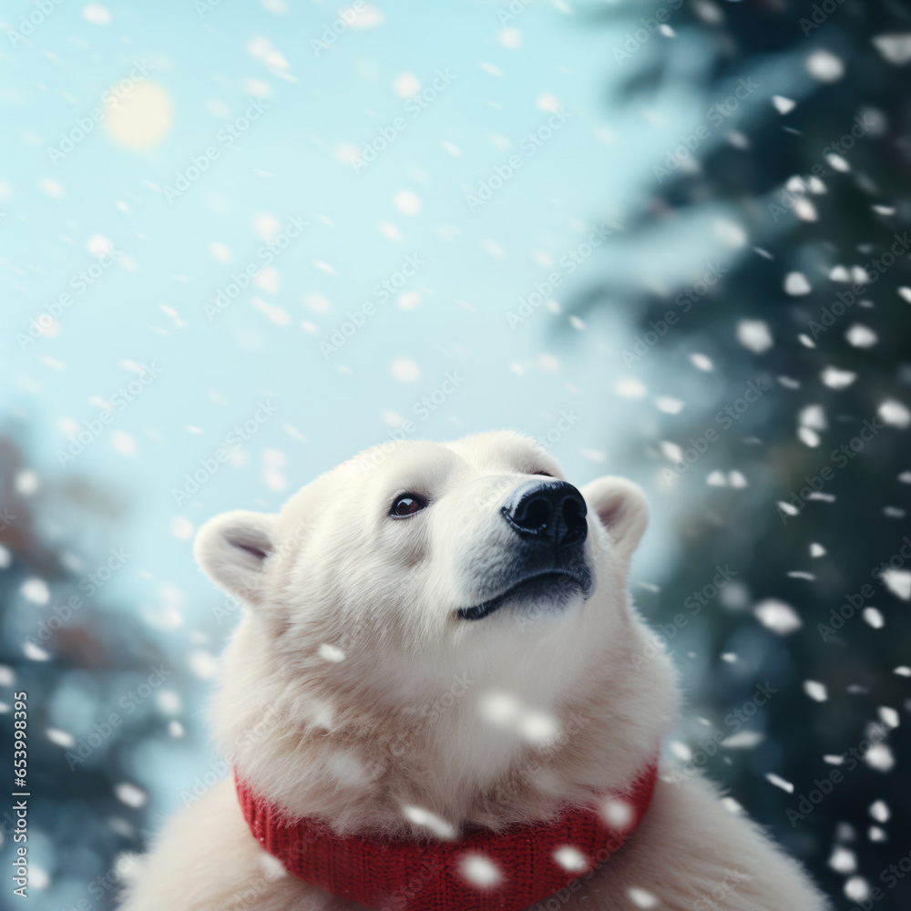 Cute White Bear in a knitted scarf, Christmas design for print and printing, postcard, greeting card. Space for text, copy space, banner, snowflakes. Christmas vacation, wild life. Cute White Bear in a knitted scarf, Christmas design for print and printing, postcard, greeting card. Space for text, copy space, banner, snowflakes. Christmas vacation, wild life.