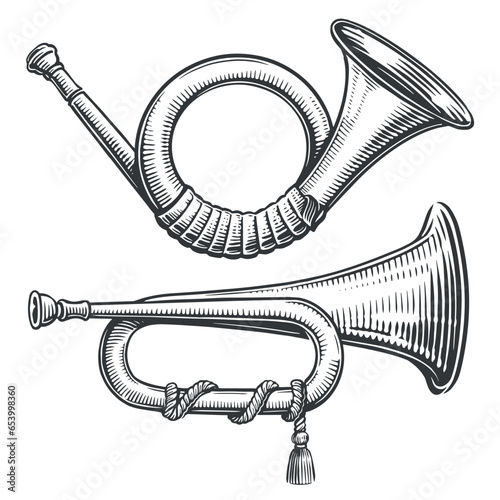 Vintage post horn or hunting horn. Hand drawn sketch vector illustration in engraving style