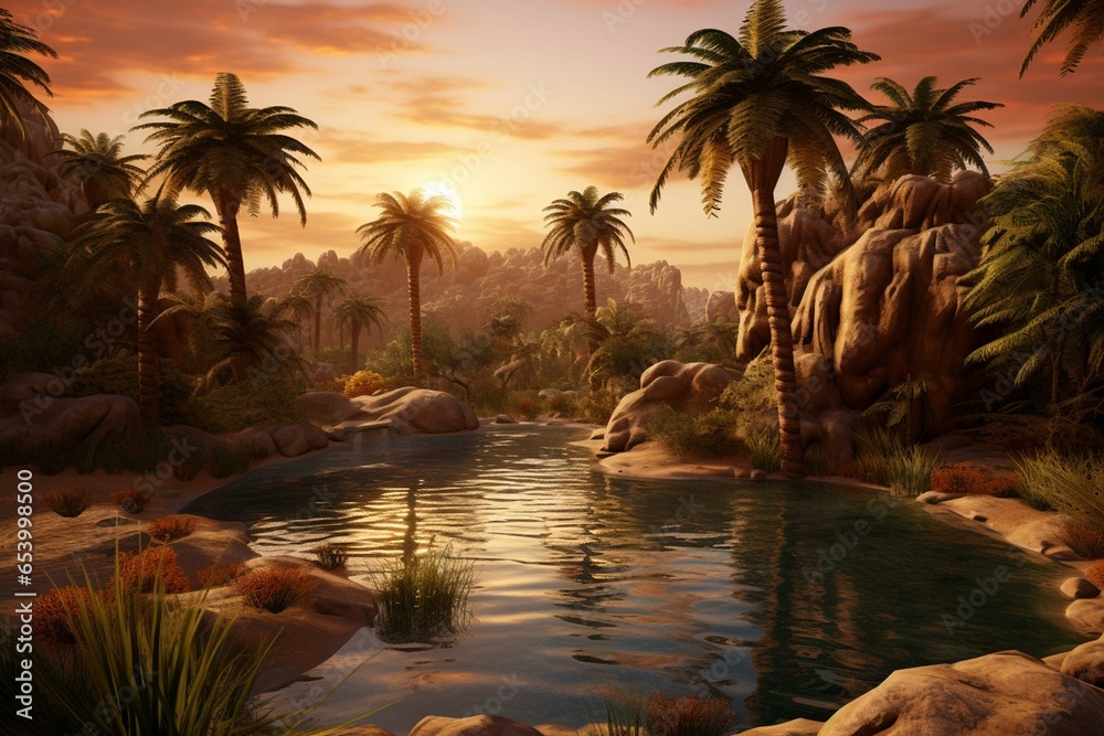 A hot desert oasis with palm trees and a pond. Generative AI