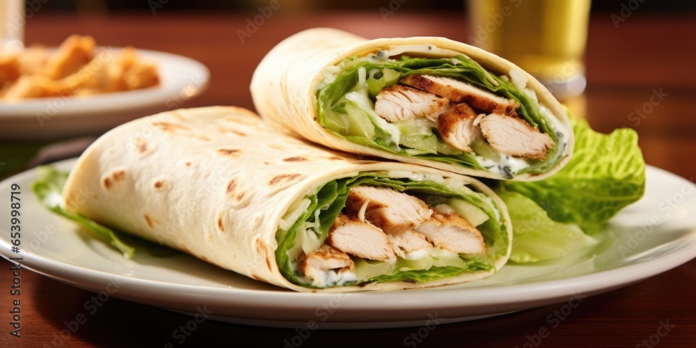 Feast your eyes on an appetizing Chicken Caesar Wrap, meticulously assembled to perfection, offering a harmonious medley of tender grilled chicken, crisp romaine lettuce, tangy Caesar dressing, Feast your eyes on an appetizing Chicken Caesar Wrap, meticulously assembled to perfection, offering a harmonious medley of tender grilled chicken, crisp romaine lettuce, tangy Caesar dressing,
