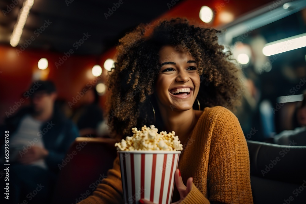 Cheerful african american woman with popcorn is watching movie in the cinema theatre - obrazy, fototapety, plakaty 