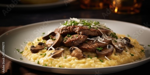 An angled shot captures a swirl of melted cheese cascading over the beef and mushroom risotto  creating a rich and indulgent layer that melds with the other flavors. The golden hue of the