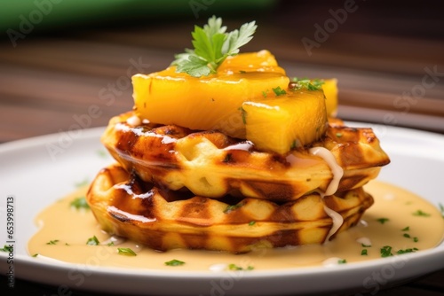 A tempting shot showcasing a more exotic take on chicken and waffles. The plate presents a ed grilled chicken skewer atop a grilled pineappleinfused waffle. Completing the dish is a drizzle