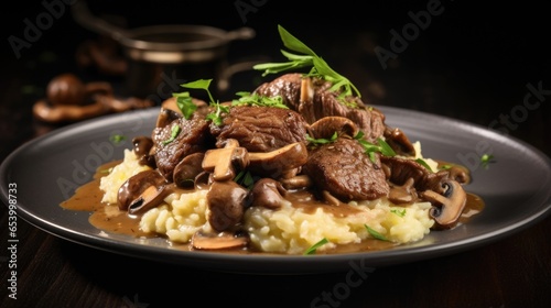 The alluring aroma of slowcooked beef and sizzling mushrooms beckons you to savor a plate of creamy risotto, b with rich flavors and textures that perfectly complement each other.