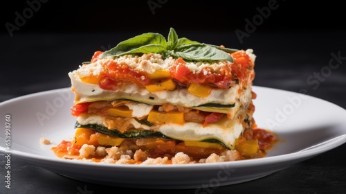 A crosssection shot of a unique variation of vegetable lasagna, made with thinly sliced ernut squash replacing the traditional pasta. The shot displays the layers of tender squash, interspersed photo