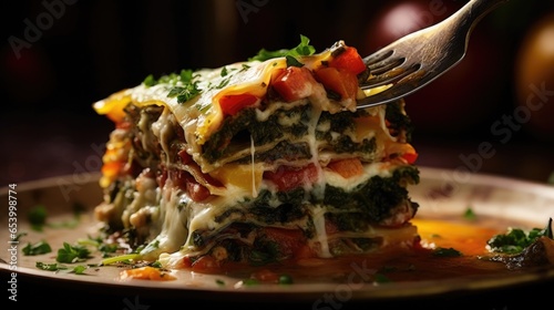 A closeup shot of a fork lifting a bitesized portion of vegetable lasagna, capturing the oozy and irresistible stretch of melted cheese, revealing the mosaic of colorful vegetables and fragrant