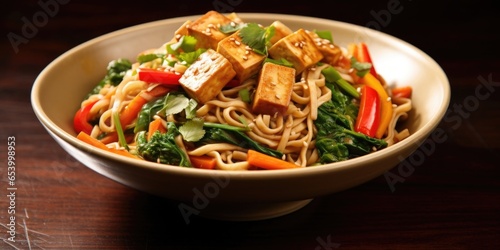 An artistic shot capturing a heap of Tofu and Peanut Noodles in a beautiful ceramic bowl, revealing the intricate layers of flavor as the noodles intertwine with tangy pickled vegetables