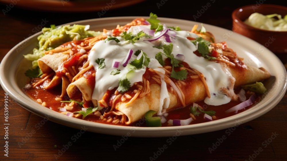 Closeup of a tray of tender chicken enchiladas, filled with juicy shredded chicken, smothered in a vibrant and flavorful enchilada sauce, topped with melted cheese and served with a dollop Closeup of a tray of tender chicken enchiladas, filled with juicy shredded chicken, smothered in a vibrant and flavorful enchilada sauce, topped with melted cheese and served with a dollop