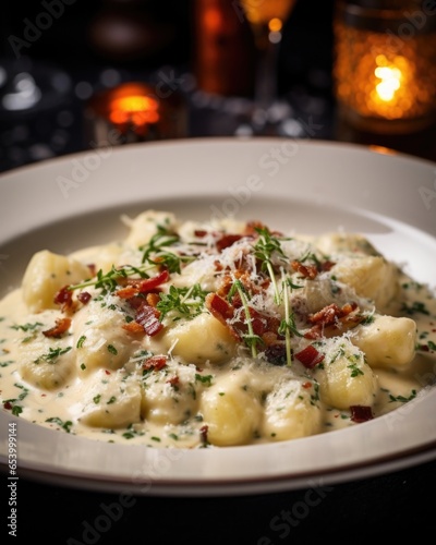 A mouthwatering shot of gnocchi, showcasing the tender dumplings dressed in a creamy Gorgonzola sauce, adorned with crispy pancetta and finished with a dusting of finely grated nutmeg.