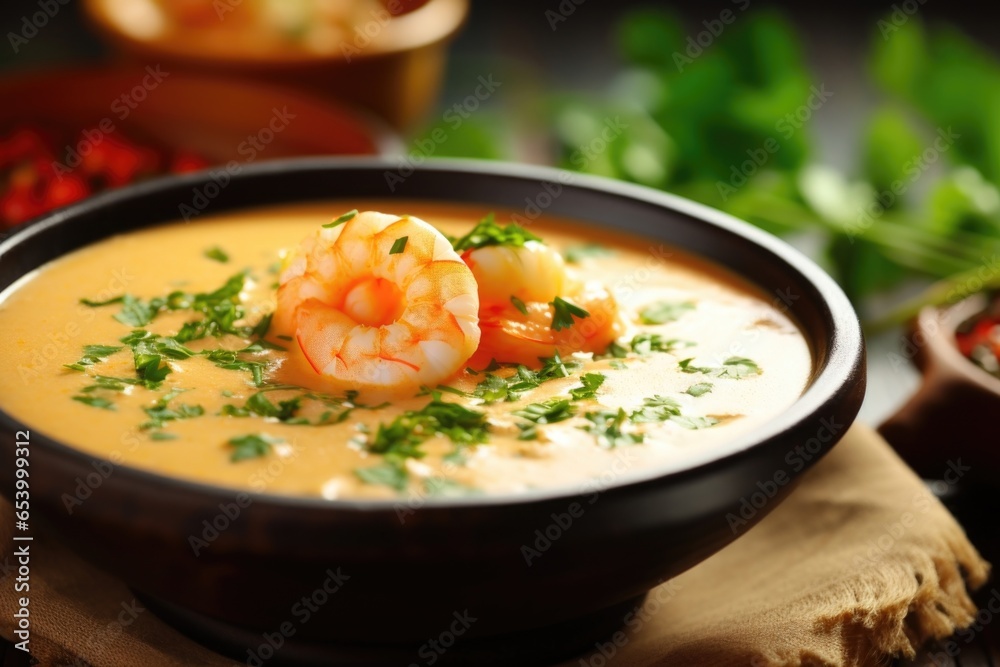 A closeup shot highlighting a steaming bowl of shrimp bisque, its creamy and velvety texture garnished with a sprinkle of fresh herbs, creating an inviting aroma.