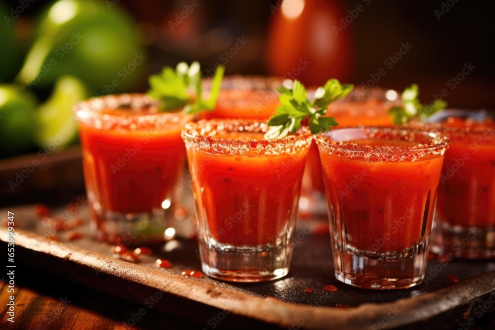 A visually appealing shot showcasing an artistic arrangement of oyster shooters. These miniature sips of delight feature small oysters swimming in a vibrant concoction of tomato juice, horseradish, A visually appealing shot showcasing an artistic arrangement of oyster shooters. These miniature sips of delight feature small oysters swimming in a vibrant concoction of tomato juice, horseradish,