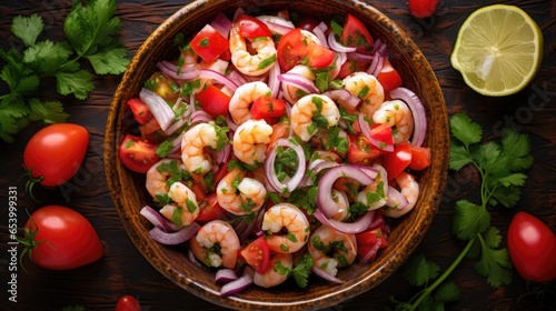 An overhead shot showcasing a vibrant and refreshing shrimp ceviche, with the shrimp lovingly bathed in tangy lime juice, surrounded by colorful diced tomatoes, onions, and cilantro. photo