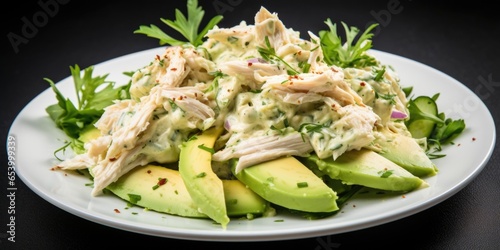 Closeup of a mouthwatering crab and avocado salad, highlighting chunks of sweet crab meat and creamy avocado slices, tossed in a light lemon vinaigrette and finished with a sprinkle of flaky